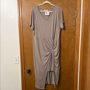 Taupe Midi Dress with V-Neck and Ruching